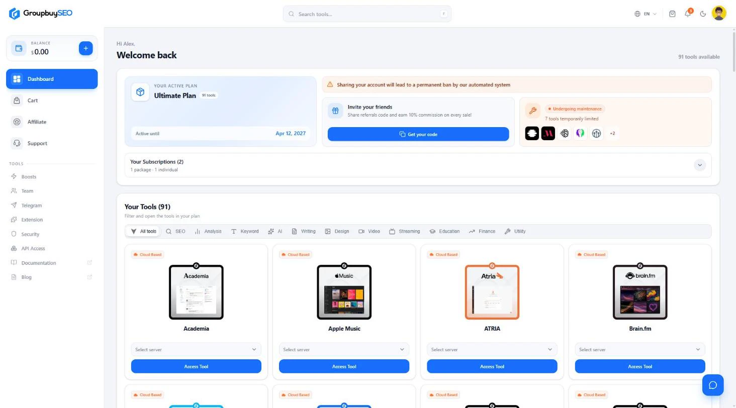 GroupbuySEO dashboard listing every tool in the Ultimate plan