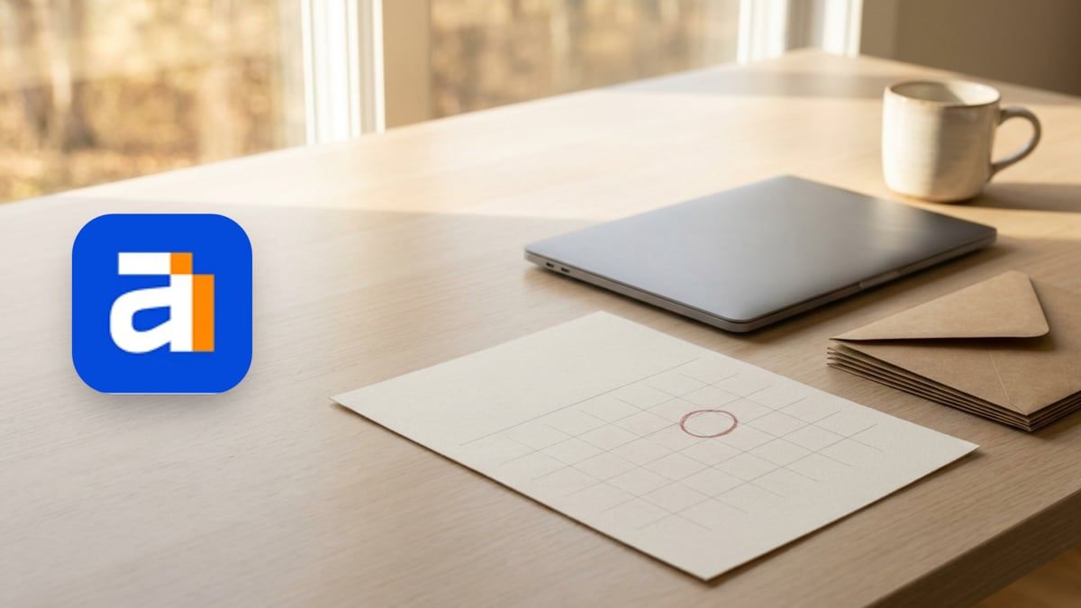 Ahrefs icon beside a paper calendar with one day circled, a closed laptop and kraft envelopes on an oak desk
