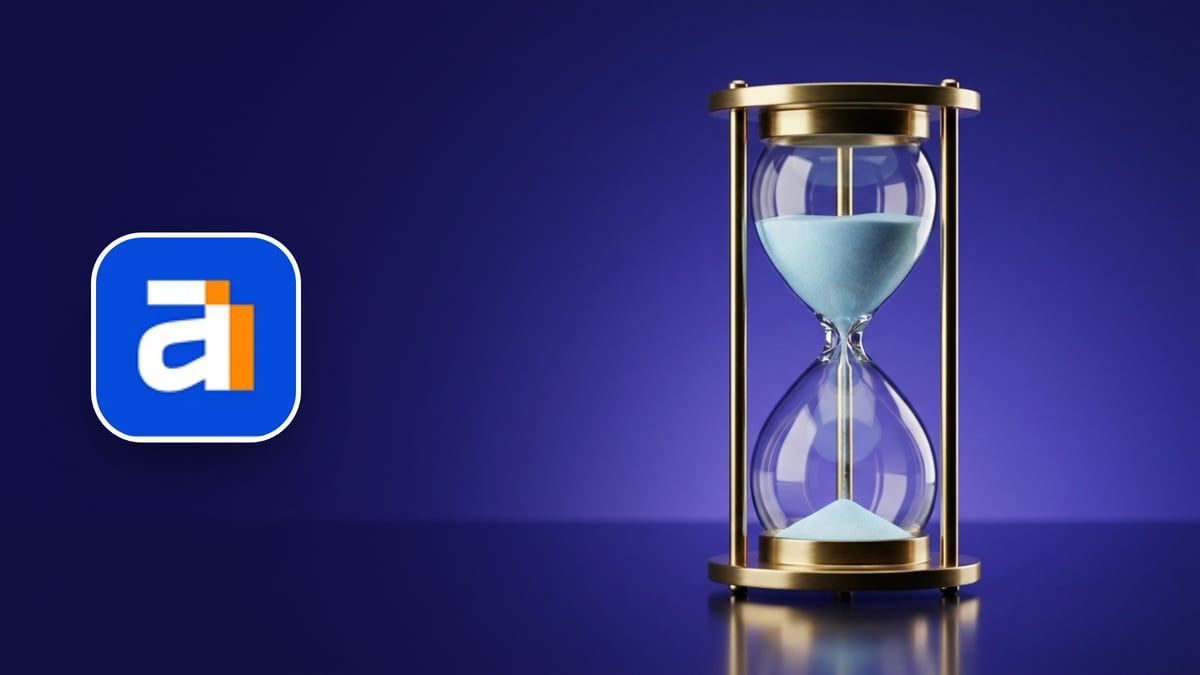 Ahrefs icon beside a laptop showing a signup form, a calendar and an hourglass