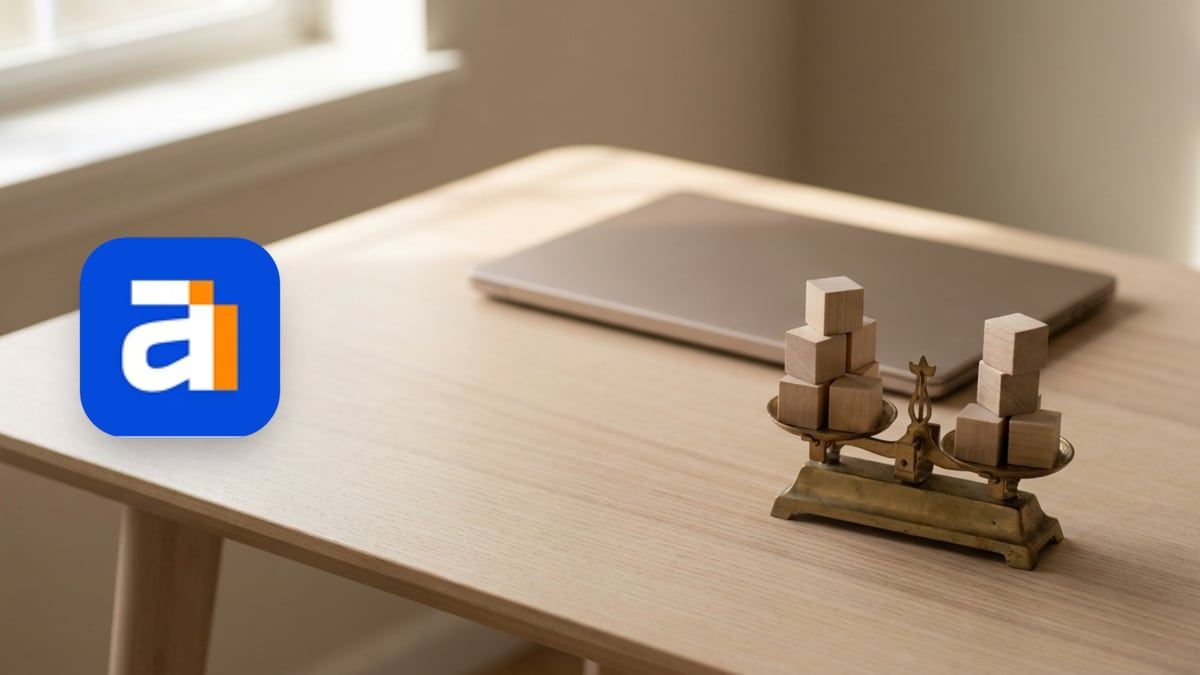 Ahrefs icon beside a brass balance scale holding two small stacks of wooden blocks on an oak desk