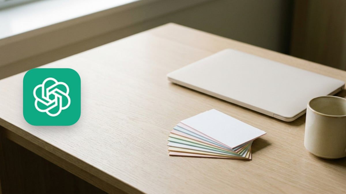 ChatGPT icon beside a fan of pastel-edged index cards, a closed laptop and a cup on an oak desk