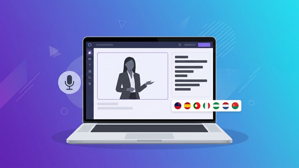 Laptop showing an AI presenter studio with a script panel and language flags