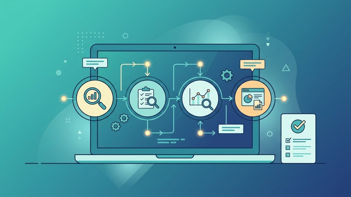 Laptop showing an SEO workflow pipeline of connected steps and a checklist