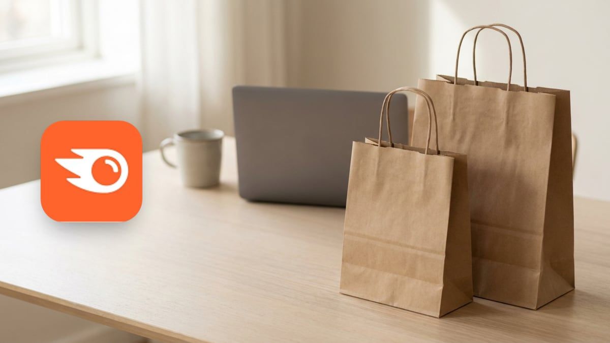 Semrush icon beside two plain kraft shopping bags of different sizes on an oak table