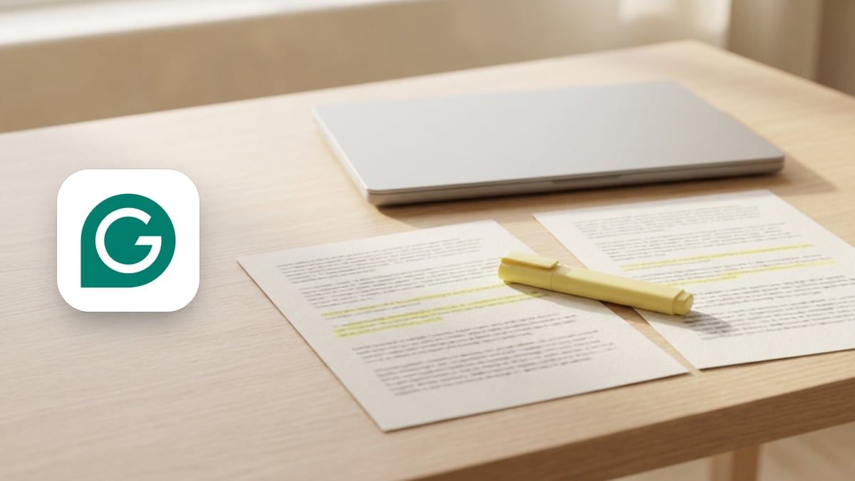 Grammarly icon beside two printed pages with matching lines highlighted, a yellow highlighter and a closed laptop