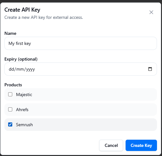 The Create API Key dialog with a name filled in and the Semrush product ticked
