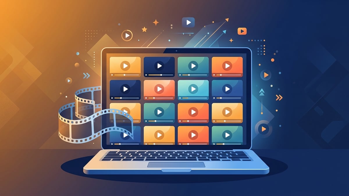 Laptop showing a stock footage library grid with a film strip