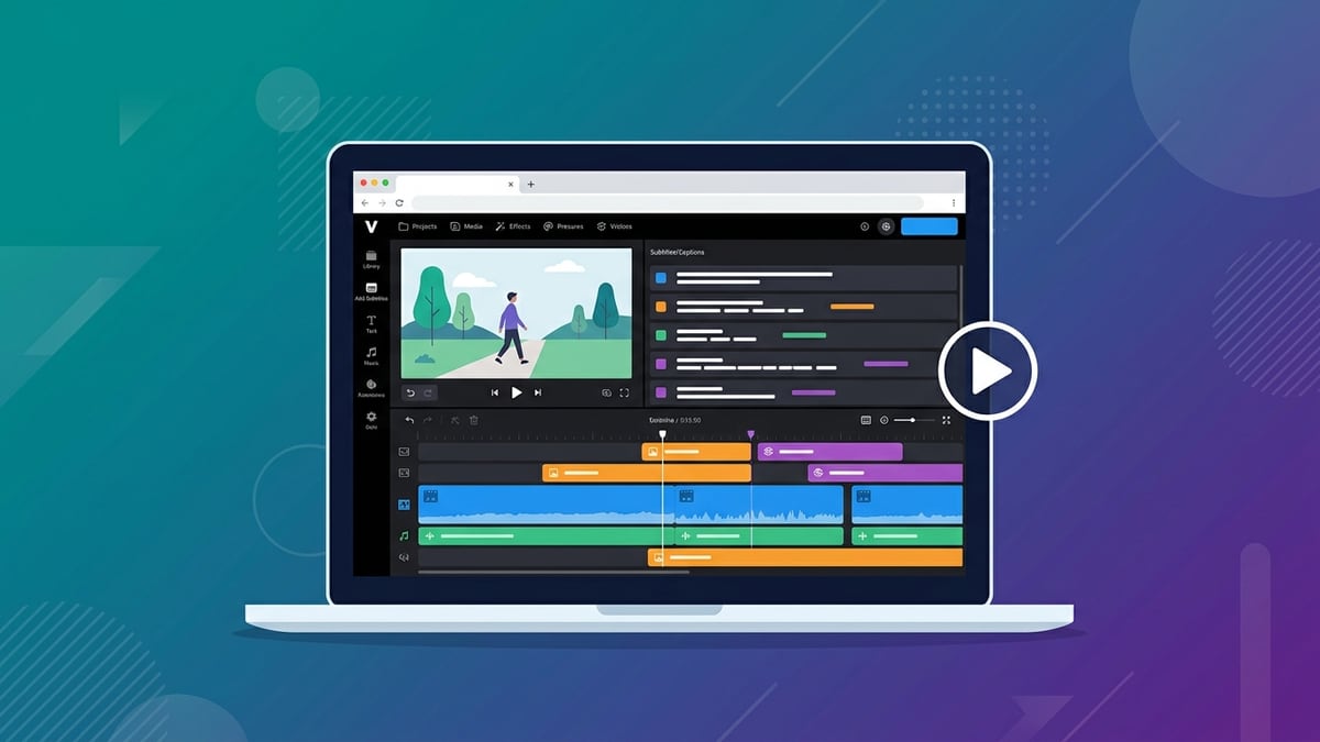 Laptop showing a browser video editor with a timeline and subtitles