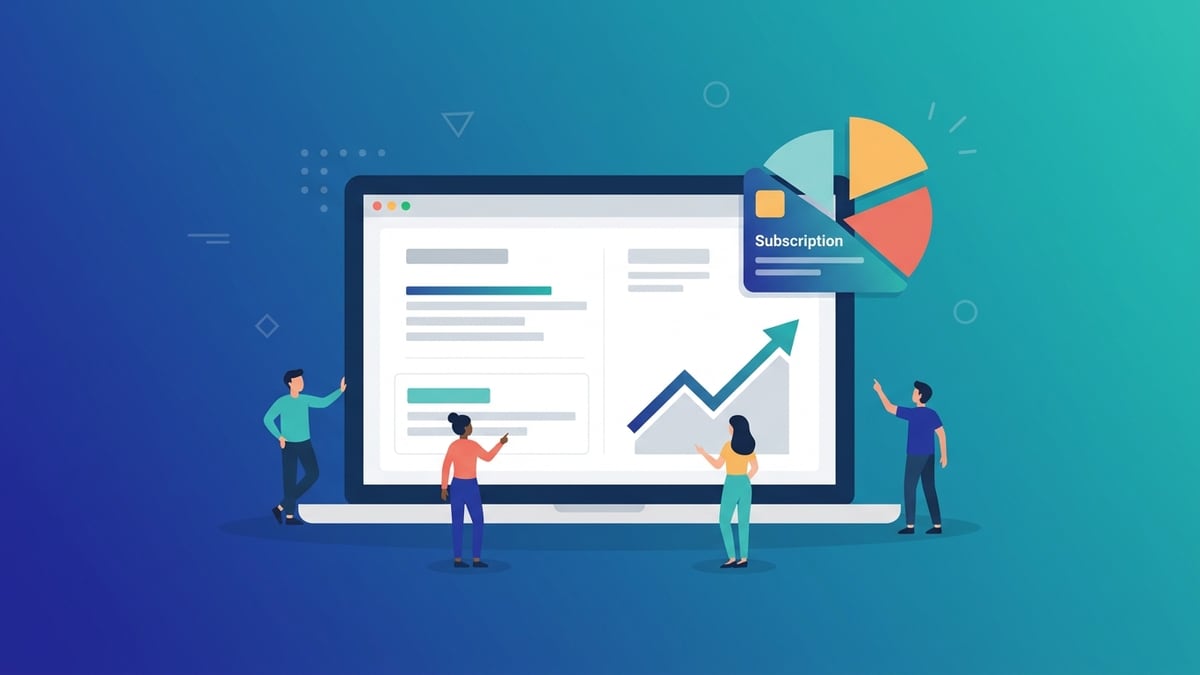 Four people around one laptop with an SEO dashboard and a subscription split into slices