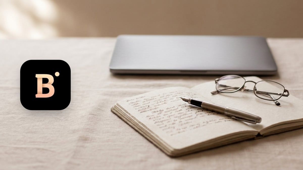 BypassGPT icon beside an open handwritten notebook, a fountain pen and reading glasses on linen