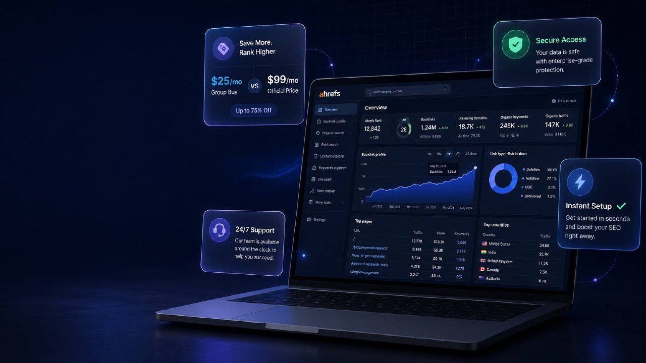 Ahrefs group buy dashboard — backlink analytics, keyword research and site audit for $25/month